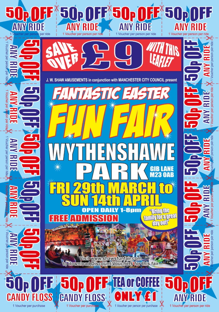 poster displaying the discount vouchers for Wythenshawe Easter Fun Fair