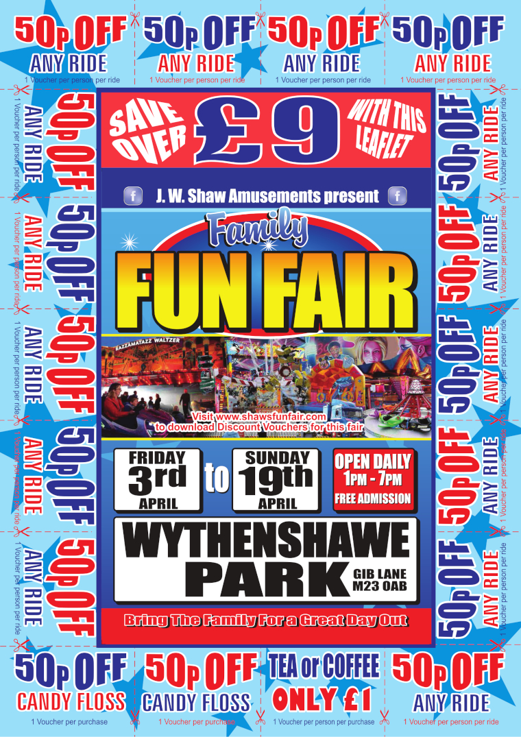 poster displaying the discount vouchers for Wythenshawe Easter Fun Fair